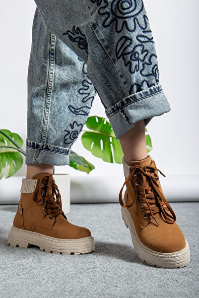 Dark Heel Kadın Taba Süet Günlük Bağcıklı Kışlık Bot Kaymaz Taban Rahat Şık Suya Dayanıklı Bootie Çizme