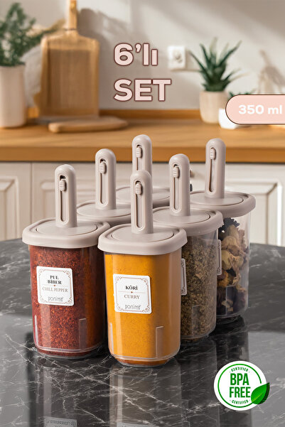 Porsima 4362 Spice Rack Set with Sliding Spoon, 6 Pieces, Transparent - Cappucino