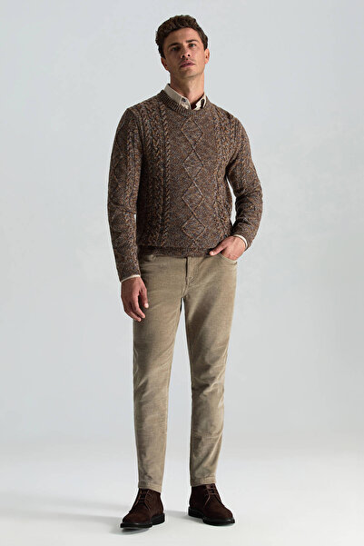 Hemington Merino Yün İpek Karışım Örgü Desen Bisiklet Yaka Tütün Rengi Kazak