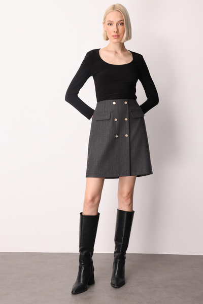 Ekol Fusta mini pentru femei cu talie elastică și nasturi ornamentali 2019