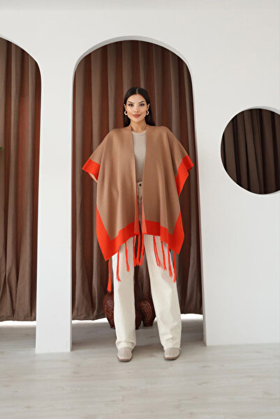 bacc Women's Biscuit Tassel Color Block Winter Knitwear Shawl Bces-253005