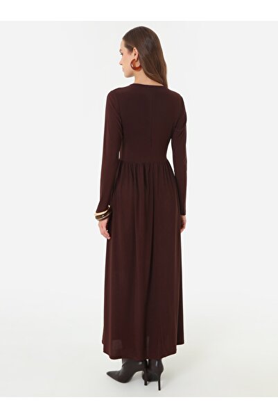 Refka Sandy Fabric Hijab Dress with Corset Detail at the Waist - Bitter Brown -