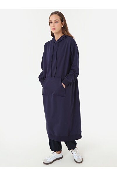 Benin Μακρύ φούτερ με κουκούλα με τσέπες καγκουρό - Σκούρο μπλε -