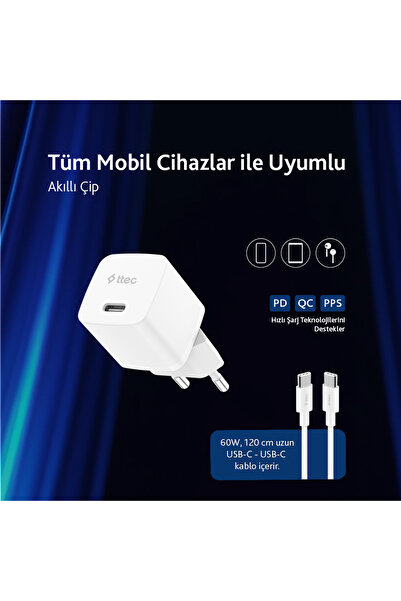 Ttec SmartCharger GAN 30W PD Seyahat Hızlı Şarj Aleti + USB-C - USB-C 3A Kablo - 2SCP03CB
