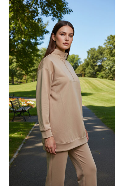 Kirazgym Zippered Detailed Stand Collar Combed Cotton Suit