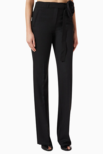 Marella Fosca Viscose Blend Pants, Decorative Belt with Floral Applique