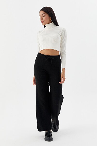 Shopping Shop Pantaloni tricot cu șireturi în talie NEGRE