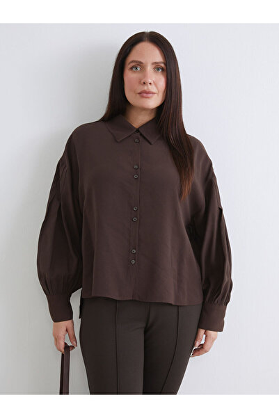 LC Waikiki Brown Balloon Sleeve Gathered Women's Shirt Tunic