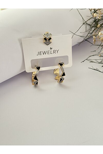 mibrillo Marka muadili gold siyah detaylı 3 lü küpe seti ( earcufflu )