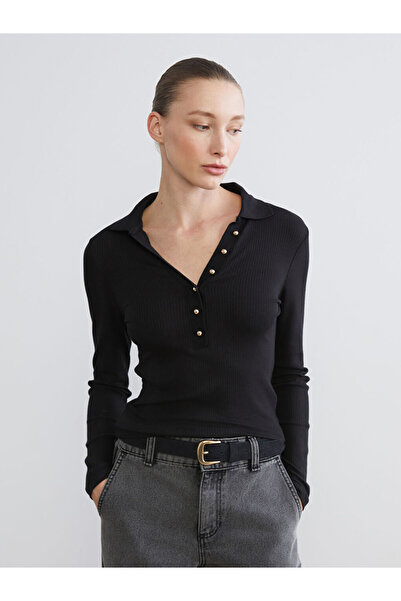 LC Waikiki Siyah Polo Yaka Modal Karışımlı Kadın Tişört