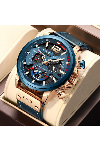 Lige Ceas bărbătesc din piele, cronograf, cronometru, albastru