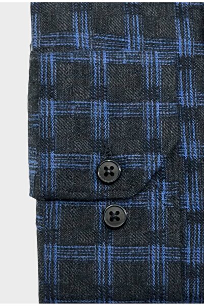 KAMER Men's Regular Fit Winter Long Sleeve Button-Up Collar Single Pocket Blue Plaid Shirt 3329m
