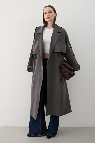 Laluvia Antrasit Lucky Düğme Detaylı Oversize Trençkot
