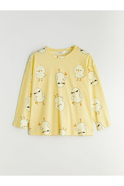 LC Waikiki Sarı Bisiklet Yaka Civciv Baskılı Kadın Pijama Takımı