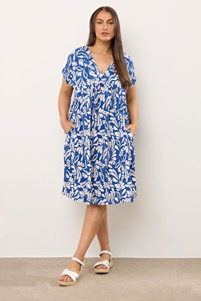 Stil Diva Büyük Beden V Yaka Kısa Kollu Cepli Çiçek Desenli Midi Elbise 616286