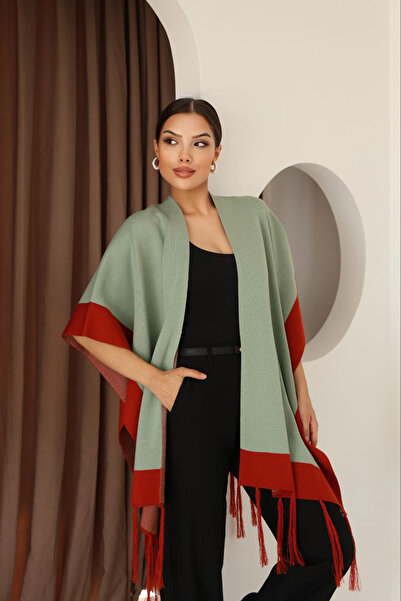 bacc Green Tasseled Color Block Winter Knitwear Shawl Bces-253005