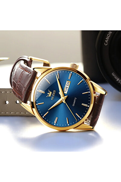 OLEVS Ανδρικό Ρολόι Δερμάτινο Quartz Αναλογικό Κλασικό Casual Ημερομηνία