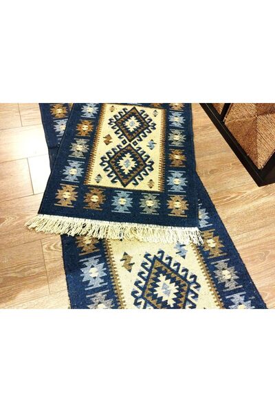 OEM 1+1 Traditional woven rugs, double-sided, 80x150 + 60x90 cm, blue & cream, diamond pattern