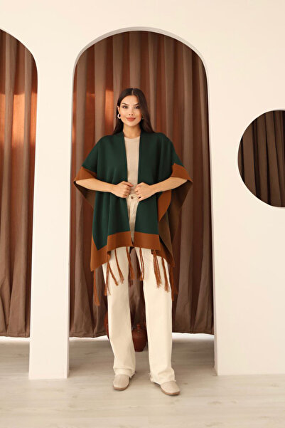 bacc Women's Emerald Green Tassels Color Block Winter Knitwear Shawl Bces-253005