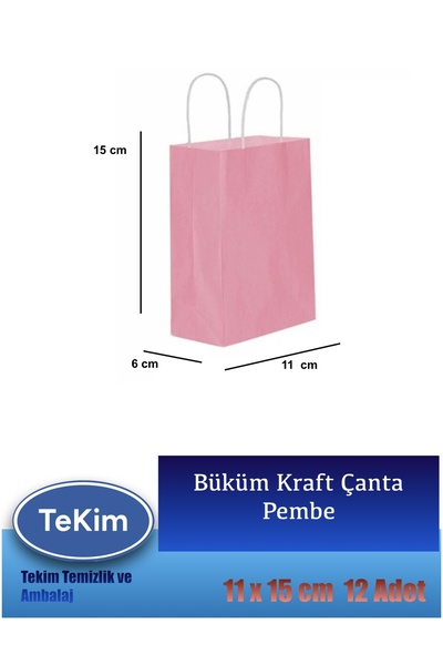 tekim temizlik ve ambalaj Büküm Saplı Mini Hediyelik Kraft Karton Poşet 12li Paket 15x11x6 cm Pembe