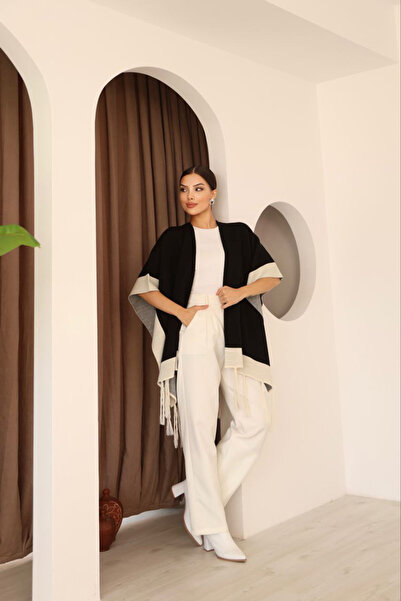 bacc Women's Black Tassel Color Block Winter Knitwear Shawl Bces-253005