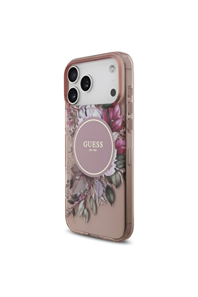 Guess Θήκη για iPhone 17 Pro Max, IML Flowers με λουράκι Pearl Strip MagSafe, - Ροζ