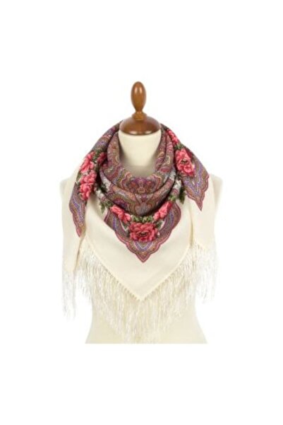 OEM Wool scarf with silk fringes 'Kamarinskaya', PavlovoPosad, Russian style, 'platki' type