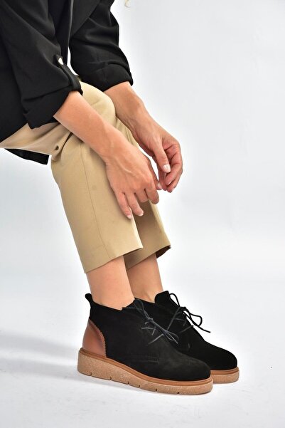 Fox Shoes V555011002 Siyah Hakiki Deri Süet Comfort Ortopedik Taban Bağcıklı Bot