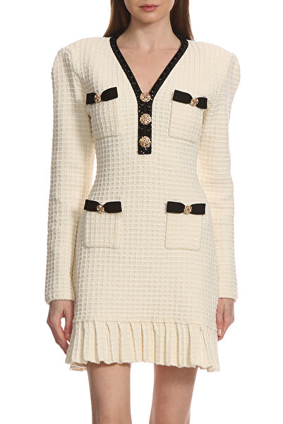 Self Portrait Cream Textured Knit Mini Elbise