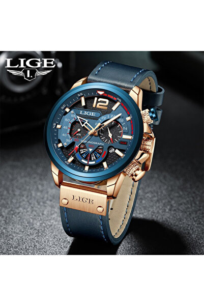 Lige Ceas bărbătesc din piele, cronograf, cronometru, albastru