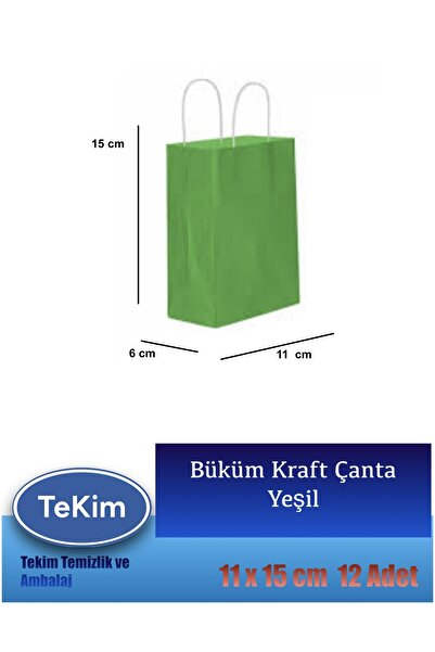 tekim temizlik ve ambalaj Büküm Saplı Mini Kraft Karton Çanta Hediyelik Poşet 12li Paket 15x11x6 cm Yeşil