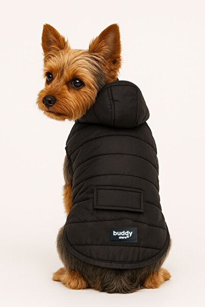 Buddy Store Black Quilted Lined Waterproof Hooded Dog Coat - Easy to Put on Mold