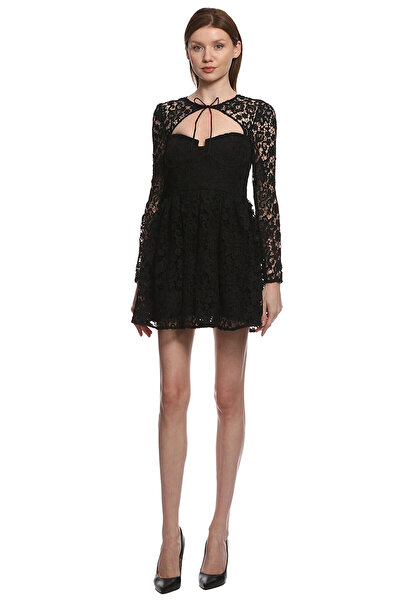 Self Portrait Black Lace Tie-Neck Mini Elbise