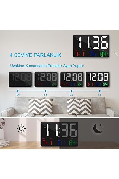 HyMark Dijital Duvar Saati Renkli HD LED Ekran 25X16 Cm Tarih Gün Sıcaklık Alarm USB Dekoratif