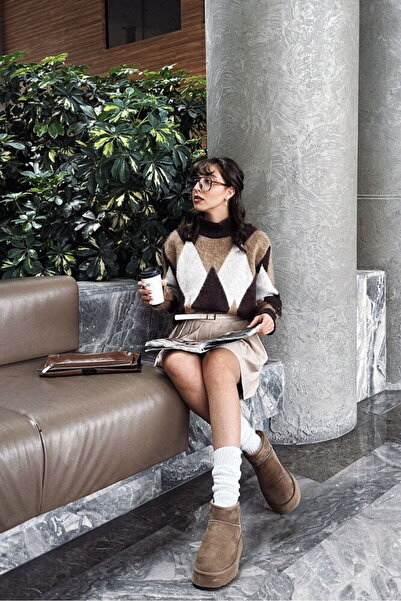 Ecenin Favorileri Brown Diamond Patterned Knitwear Women's Sweater