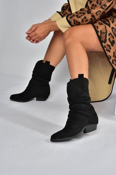 Fox Shoes V404041002 Siyah Süet Kalın Topuklu Kadın Bot