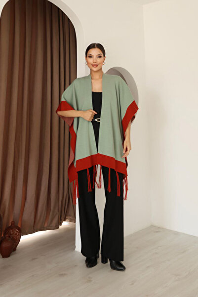 bacc Women's Green Tassel Color Block Winter Knitwear Shawl Bces-253005