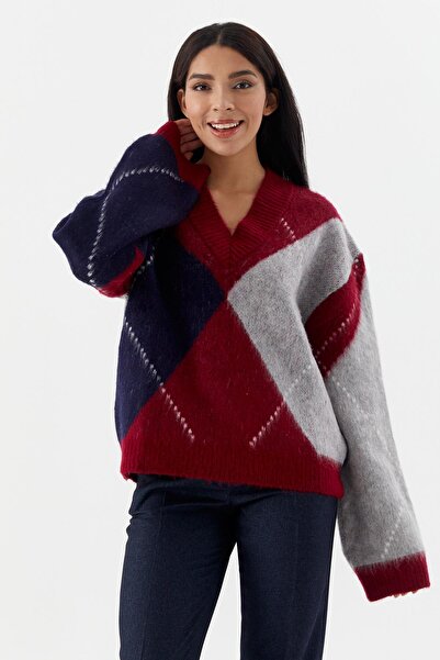 Shopping Shop V-Neck Argyle Pattern Sweater Bordo