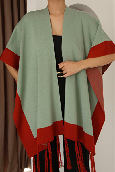 bacc Green Tasseled Color Block Winter Knitwear Shawl Bces-253005