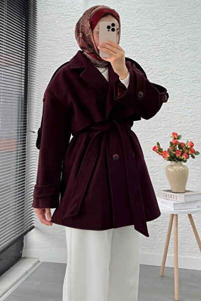 MELEK ARAZ Premium Four-Button Short Cashmere Coat – Plum