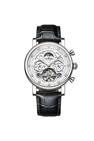 Tevise Ceas bărbătesc mecanic automat, elegant la modă, cu mâner automat, lux, negru/alb