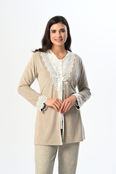 Pelin Women's Beige Lace Detailed Maternity 3-Piece Pajama Set