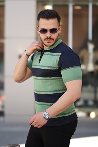 HAZEGO Чоловіча футболка з коміром на блискавці, двоколірна, з короткими рукавами