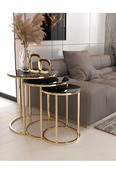 CEOEXPORT CEO GOLD SİYAH CAM ZİGON SEHPA 3'LÜ ZİGON SEHPA