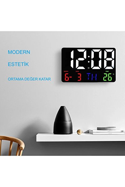 HyMark Dijital Duvar Saati Renkli HD LED Ekran 25X16 Cm Tarih Gün Sıcaklık Alarm USB Dekoratif