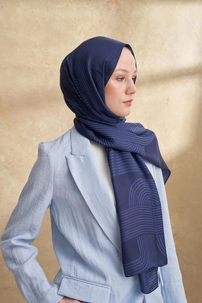 ARMANDA Fiori Jakar Line Pattern Shawl - Navy Blue