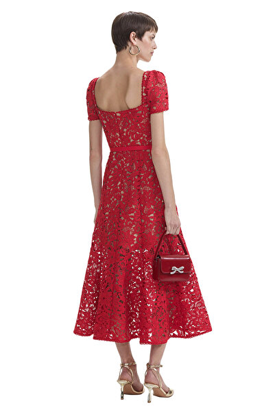 Self Portrait Red Floral Lace Midi Elbise