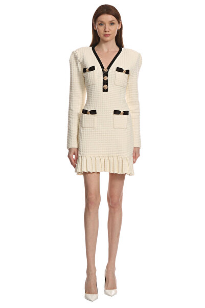 Self Portrait Cream Textured Knit Mini Elbise