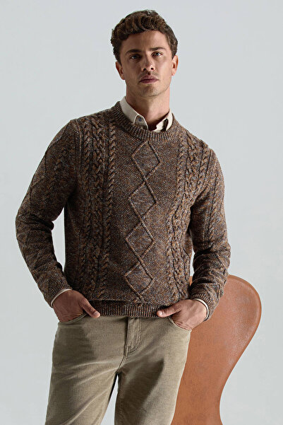 Hemington Merino Yün İpek Karışım Örgü Desen Bisiklet Yaka Tütün Rengi Kazak