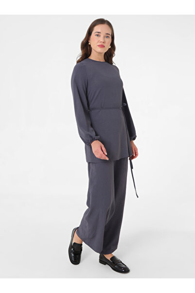 Refka Balloon Sleeve Belt Detailed Basic Tunic & Pants Two-Piece Set - Anthracite -